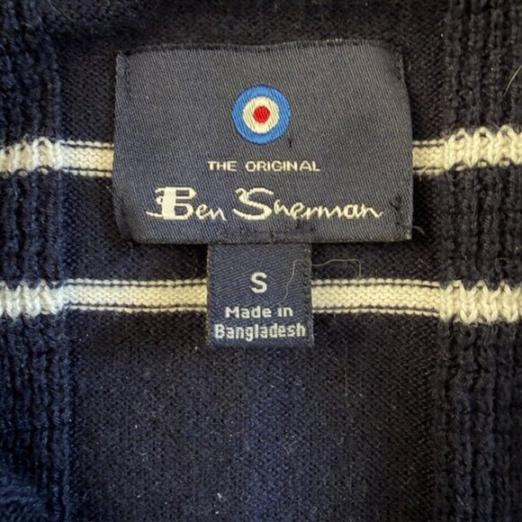 BEN SHERMAN Navy Blue and White Striped Short Sleeve Polo Sweater Small - Picture 9 of 11